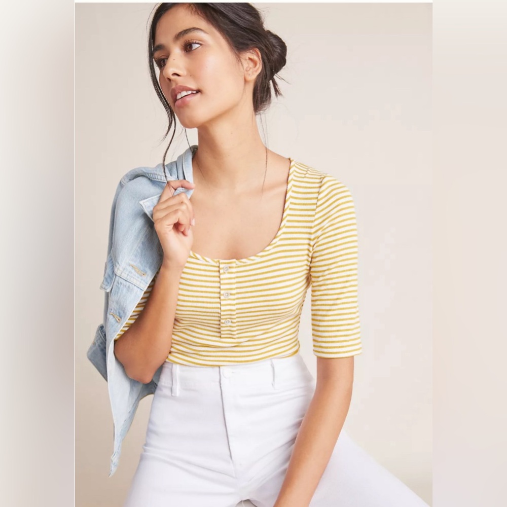 NWT Anthropologie Mustard Striped Body Suit Size Medium Yellow and White